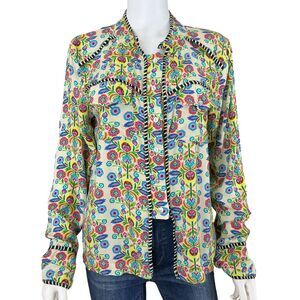 Natural Life Women Top Size M Button Up Long Sleeve Floral Paisley BOHO Rayon